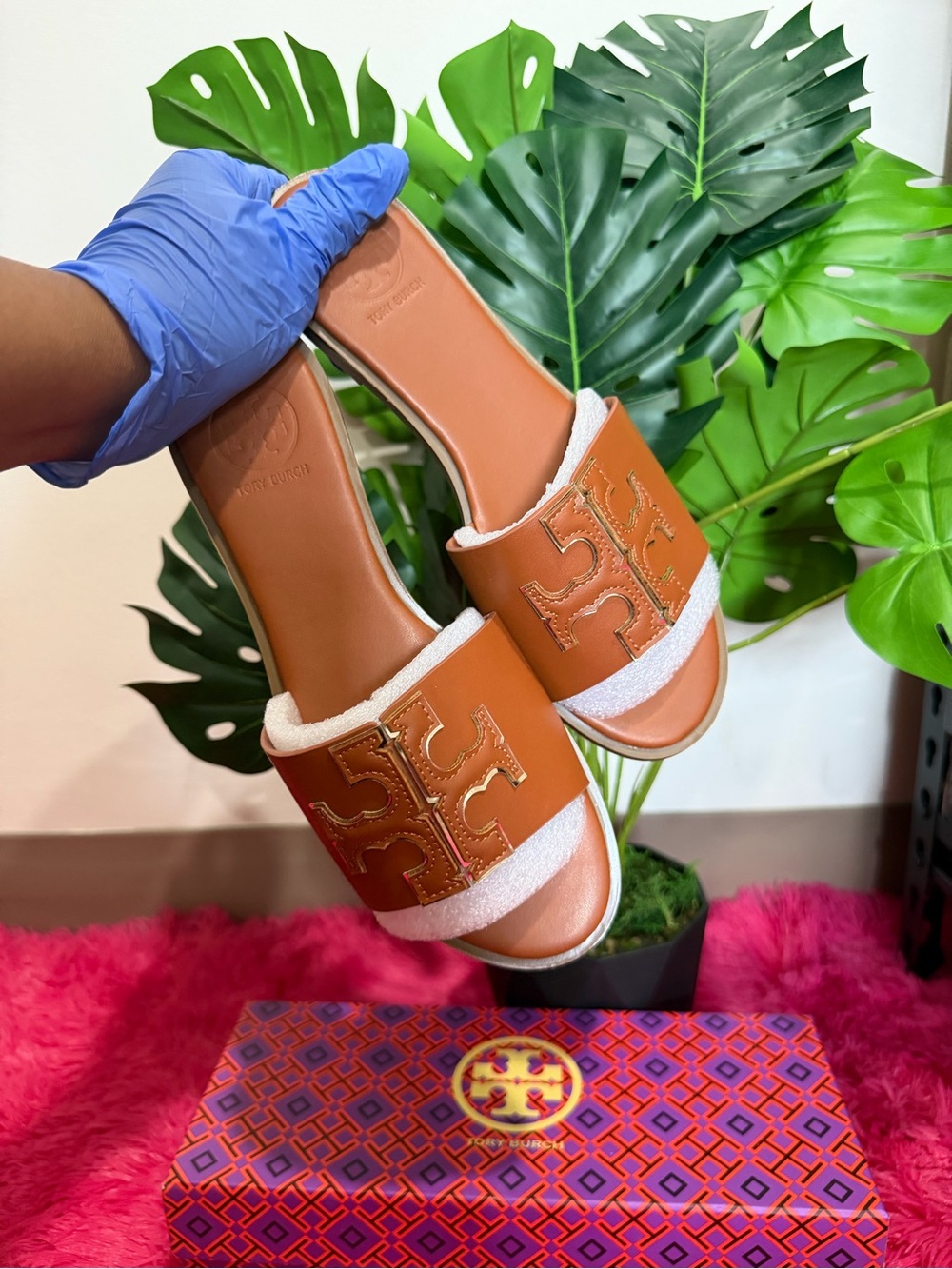 Tory Burch Cognac Leather Logo Slide Sandals